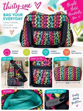 Thirty-One NWOT Colorful Bow Gym Weekender Travel Carry-On Bag